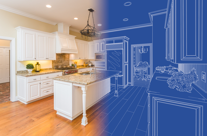 Kitchen Blueprint Drawing Gradating Into Finished Build
