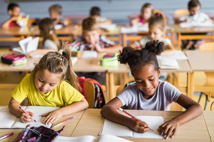 Happy elementary students writing in their notebooks 