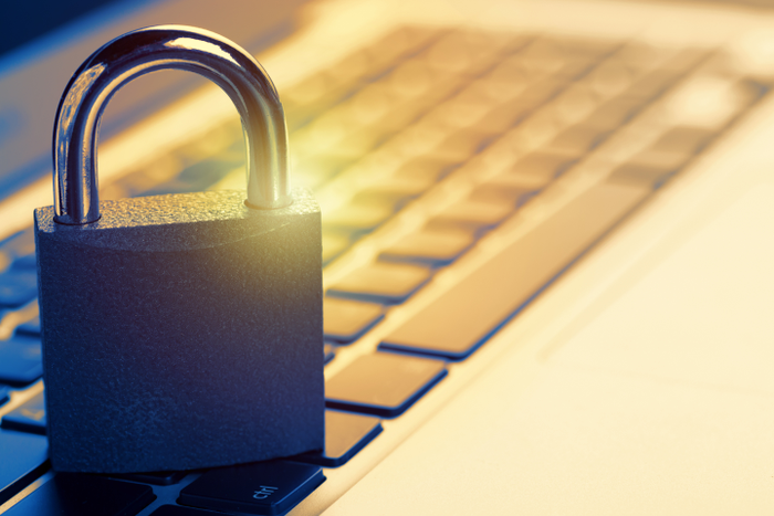 Padlock on laptop. Internet data privacy information security concept. Antivirus and malware defense.