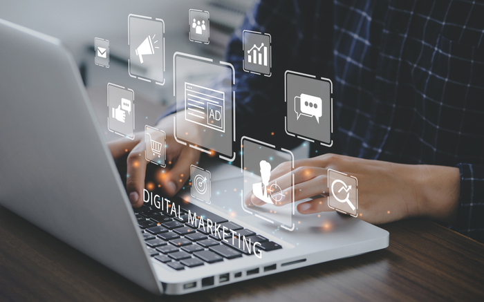 false Marketer using a computer to digital online marketing banner web icon for business and social media marketing, content marketing, viral, SEO, keyword, advertise, website, and internet marketing.